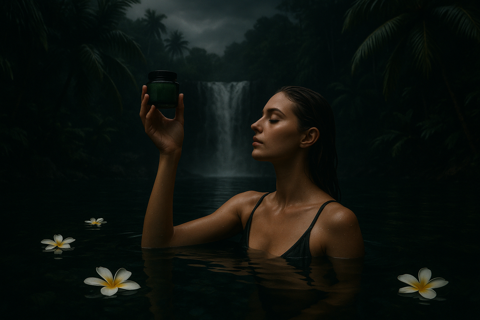 Woman in a swimsuit swimming in a waterfall lagoon surrounded by palm trees and plumeria. Make it dark and moody. Have the woman hold a small green jar with a black lid 