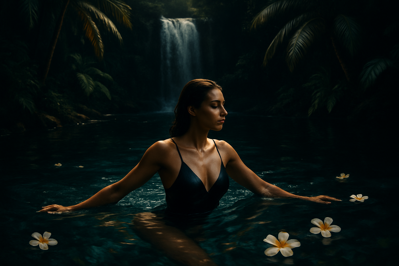 Woman in a swimsuit swimming in a waterfall lagoon surrounded by palm trees and plumeria. Make it dark, moody, and sensual